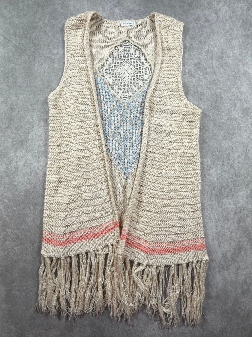 Blu Pepper Womens Crochet Vest Ivory Fringe Open Front Boho Lace Back